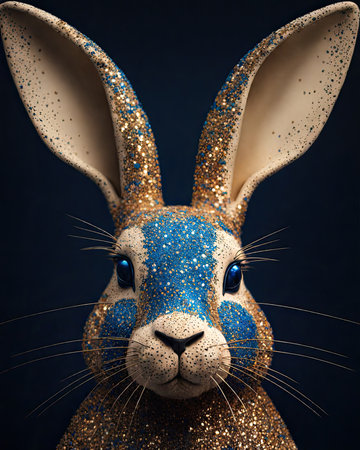 Easter bunny with golden glitter on blue background. 3D renderingの素材