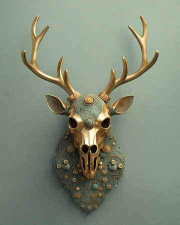 3d illustration of golden deer skull with turquoise jeweleryの素材
