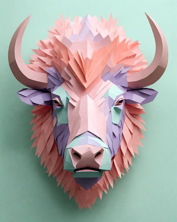 Low poly buffalo on turquoise background. 3D illustration.の素材