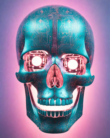 Digital illustration of human skull in digital background. 3D rendering.の素材