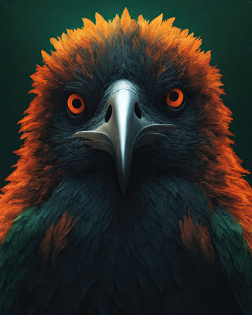 Portrait of an eagle with orange eyes on a green background.の素材
