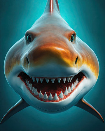 Shark with open mouth and sharp teeth. 3D illustration.の素材