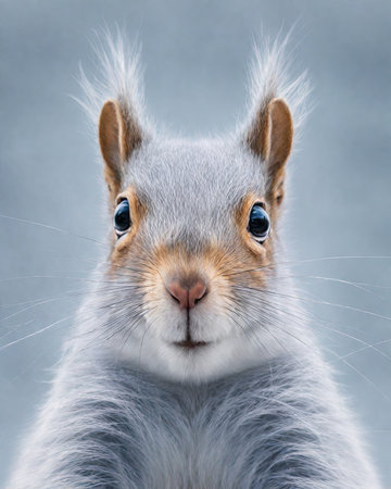 Portrait of a grey squirrel with blue eyes on a gray backgroundの素材