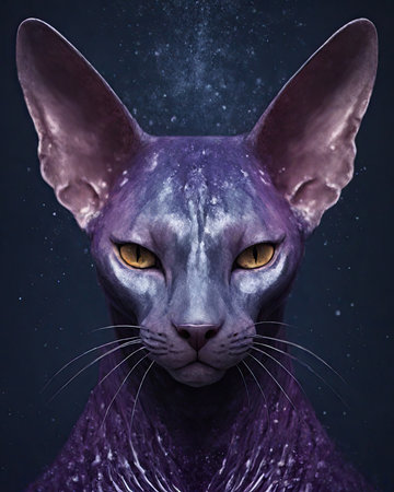 Sphynx cat with purple eyes and black background, 3d renderingの素材