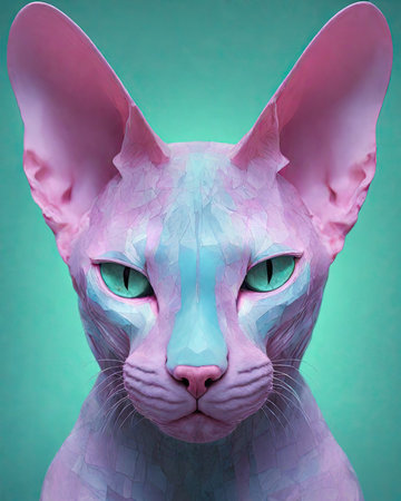 pink cat with blue eyes on blue background. 3d renderingの素材