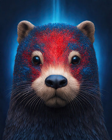 Portrait of a red and blue ferret on a blue backgroundの素材
