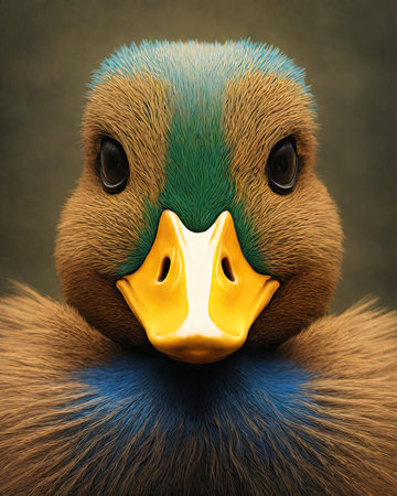 Duck portrait on a dark background. 3d render illustration.の素材