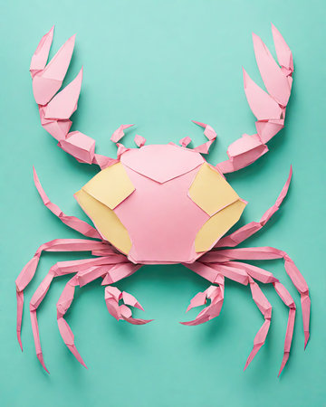 Pink paper crab on blue background. Flat lay, top view.の素材