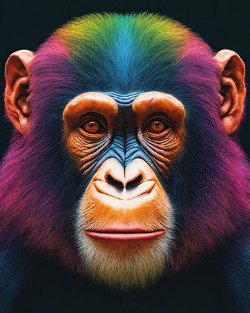 Portrait of a chimpanzee with colorful hair on black backgroundの素材
