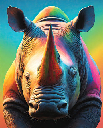 Rhinoceros head on colorful background. 3D illustration.の素材