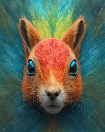 3D rendering of a red squirrel with blue eyes on a blue backgroundの素材