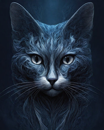 Portrait of a blue cat on a dark background with smoke.の素材