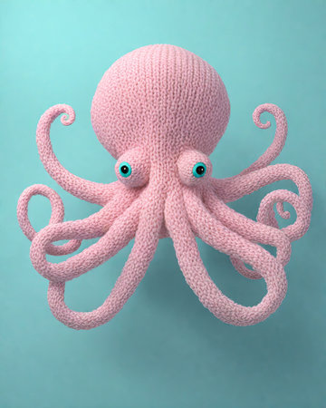 Cute pink octopus with blue eyes on turquoise backgroundの素材