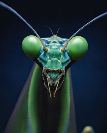 Close up of praying mantis on black background. Shallow depth of field.の素材