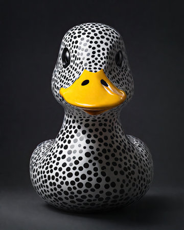 Close up of a rubber duck toy isolated on a black background.の素材