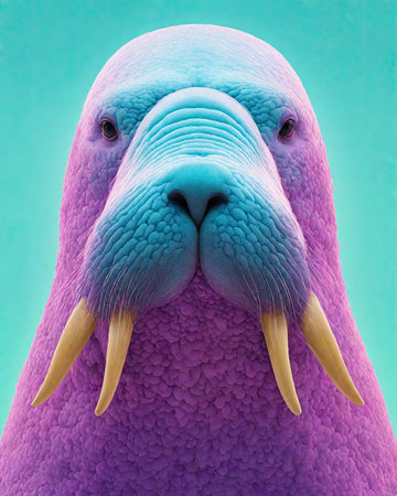 Walrus on blue background, 3d illustration, square format.の素材