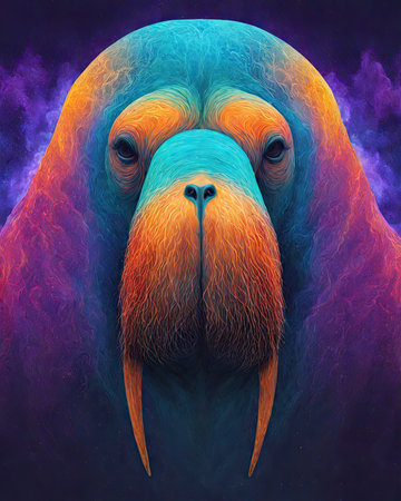 Portrait of a walrus with a multicolored background.の素材