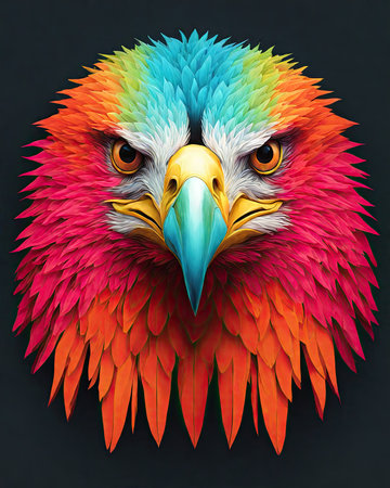 eagle head with colorful feathers on black background. 3d illustrationの素材