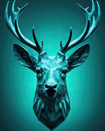 Abstract polygonal deer head on blue background. 3D renderingの素材