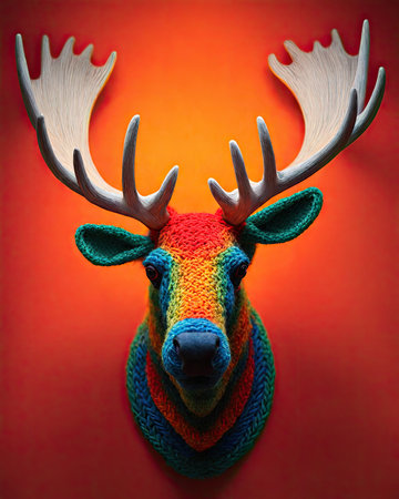 Christmas reindeer head with colorful knitted scarf on red backgroundの素材