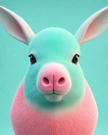 Cute pink toy donkey isolated on blue background. 3d renderingの素材