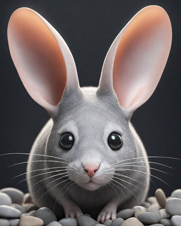 3D rendering of a cute little grey mouse isolated on black backgroundの素材