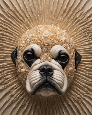 Close-up of a dog's head on a paper background.の素材