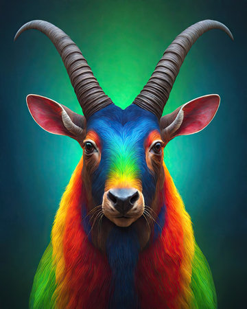 Portrait of a blue goat with horns on a dark background.の素材