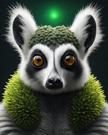 Lemur in a green hat and scarf on a dark backgroundの素材