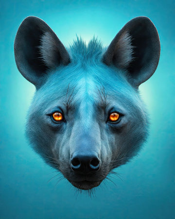 Head of a wild hyena on a blue background. 3d renderingの素材