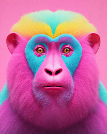 Portrait of a funny monkey on pink background. 3d renderingの素材