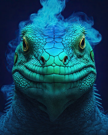 3D rendering of a green reptile isolated on dark blue backgroundの素材