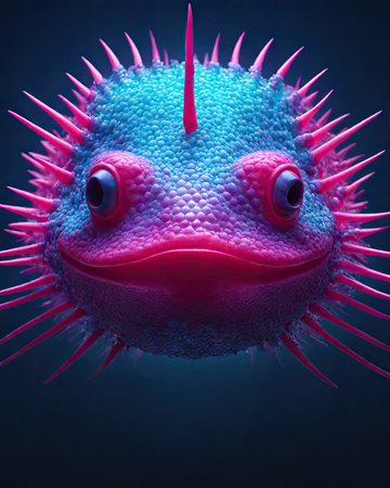 Funny pink pufferfish on dark background. 3D renderingの素材