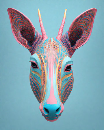 Head of a deer with abstract pattern on a blue background. 3d renderingの素材
