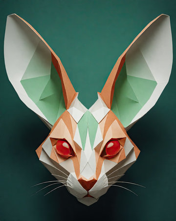 Paper rabbit with heart shaped eyes on green background. Easter concept.の素材