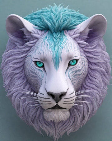 3D rendering of a lion with blue eyes and purple hair.の素材