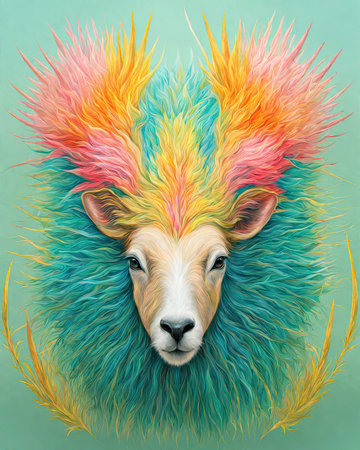 Lion head with colorful hair. Animal portrait on green background.の素材