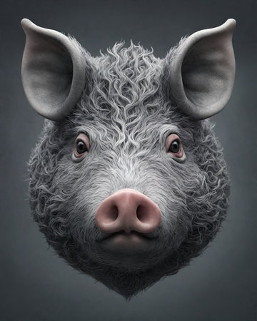 Portrait of a cute pig with big ears on a gray backgroundの素材