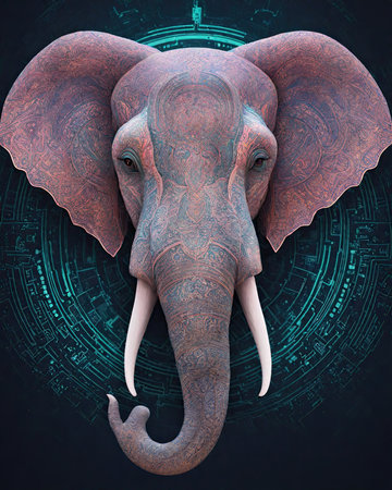 Elephant head in digital background. 3D illustration. Sacred geometry.の素材