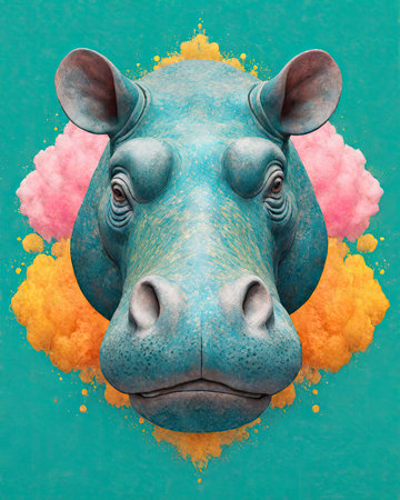 Hippo head with cloud of paint on colorful background, digital illustrationの素材