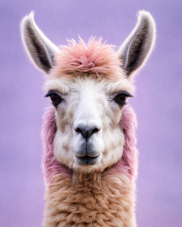 Portrait of alpaca with pink hair on a purple backgroundの素材