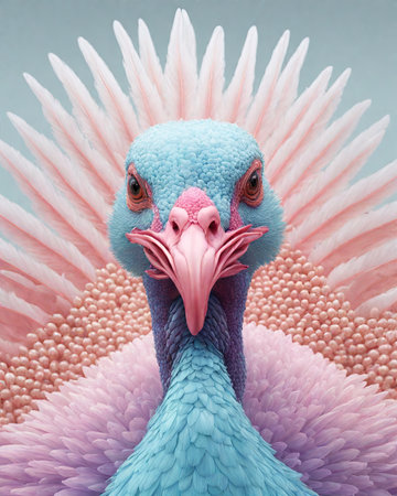 Portrait of a turquoise turkey on a pink background.の素材