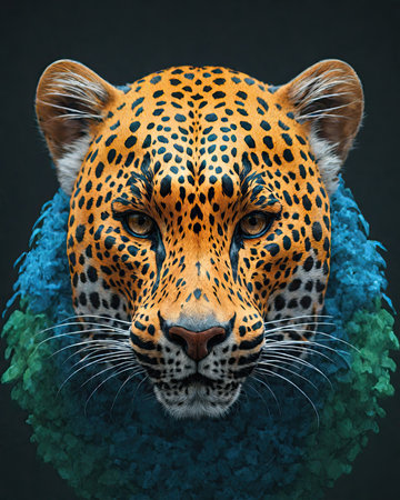leopard portrait on a black background with a blue scarf around the neckの素材