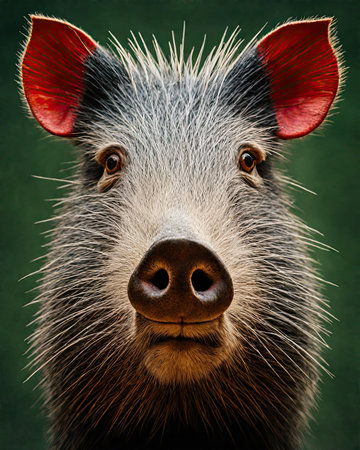 Portrait of a wild boar on a dark green background.の素材