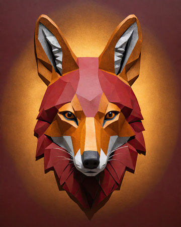 Head of a fox made of polygonal paper on a brown backgroundの素材