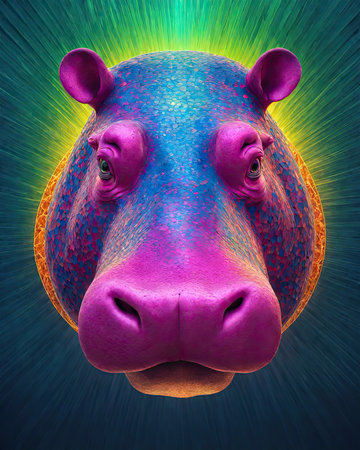 Hippopotamus head with abstract colorful background, 3D illustrationの素材
