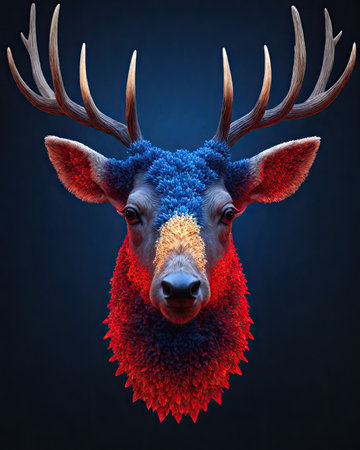 Deer head with antlers on a dark background. 3D renderingの素材