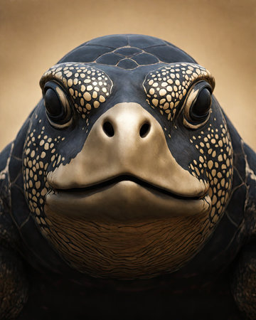 close up of a turtle made of metal on a brown background.の素材