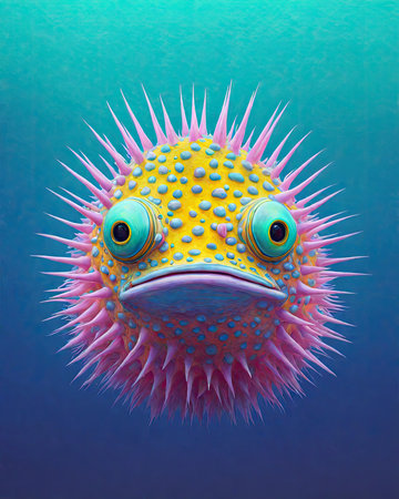 Pufferfish on a blue background. 3d rendering. Computer digital drawing.の素材