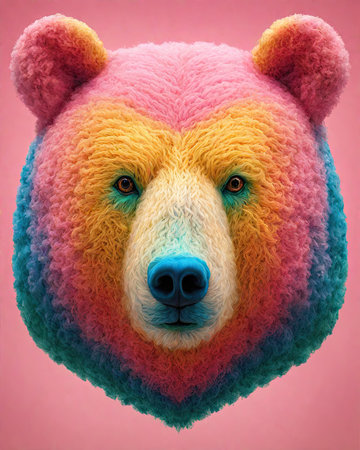 Colorful head of a bear made of wool on a pink backgroundの素材